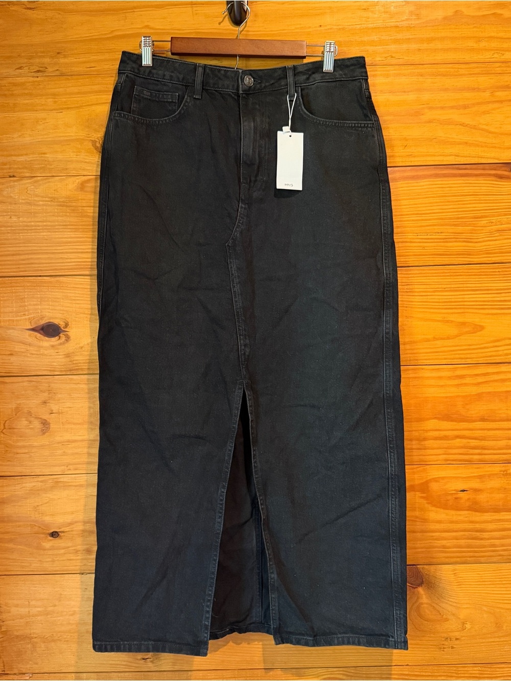 MNG Mango Matilda Black Denim Jean Long Midi Maxi Skirt Large L NWT High Waist